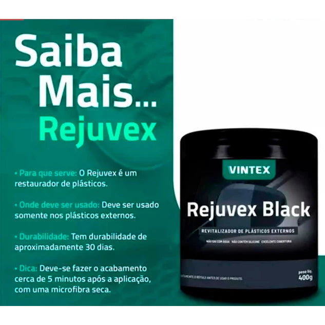 Rejuvex Black Revitalizador de Plásticos Externos - Brilho e Proteção + Aplicador de Espuma Vonixx