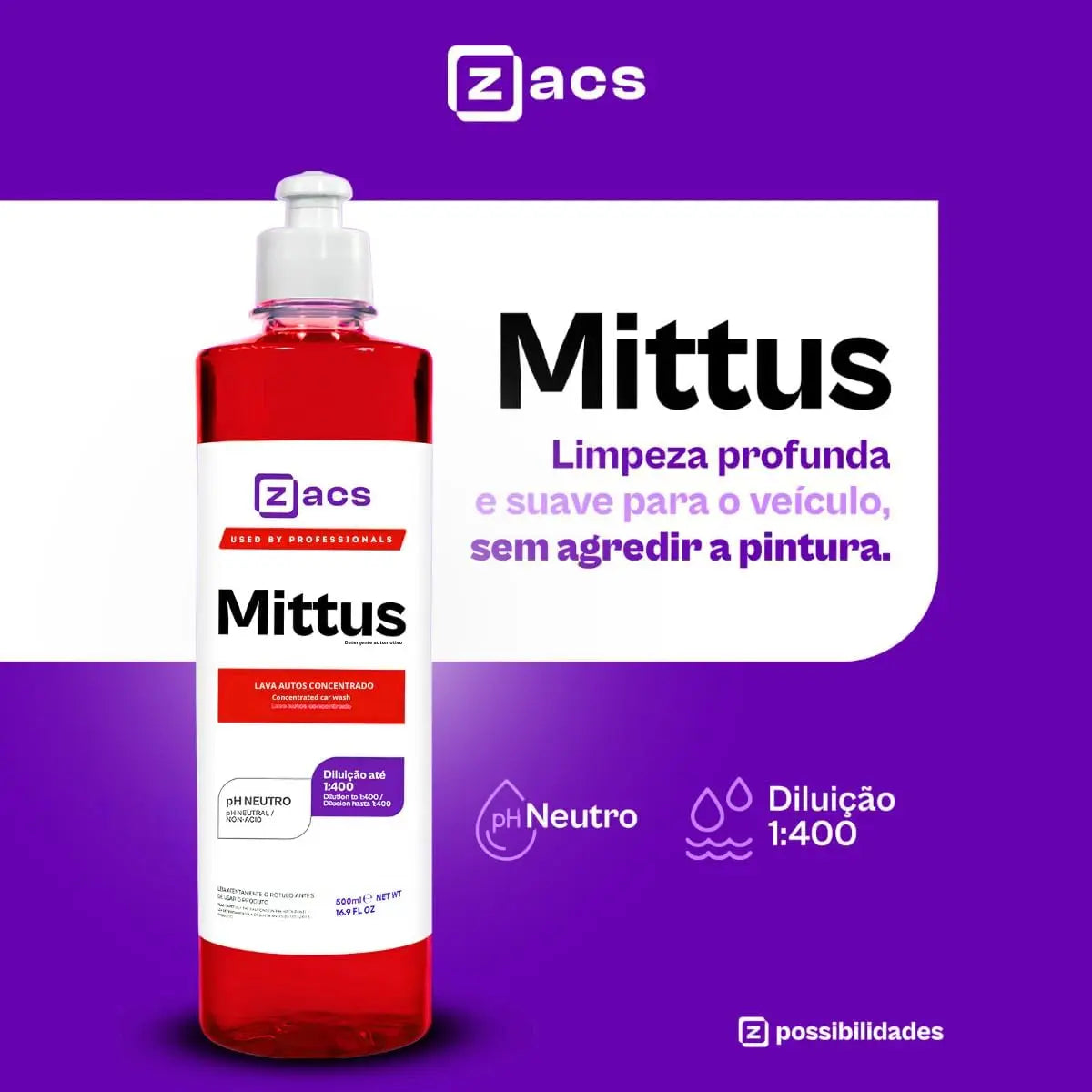 Mittus Lava Autos Concentrado Shampoo Automotivo Zacs 500ml