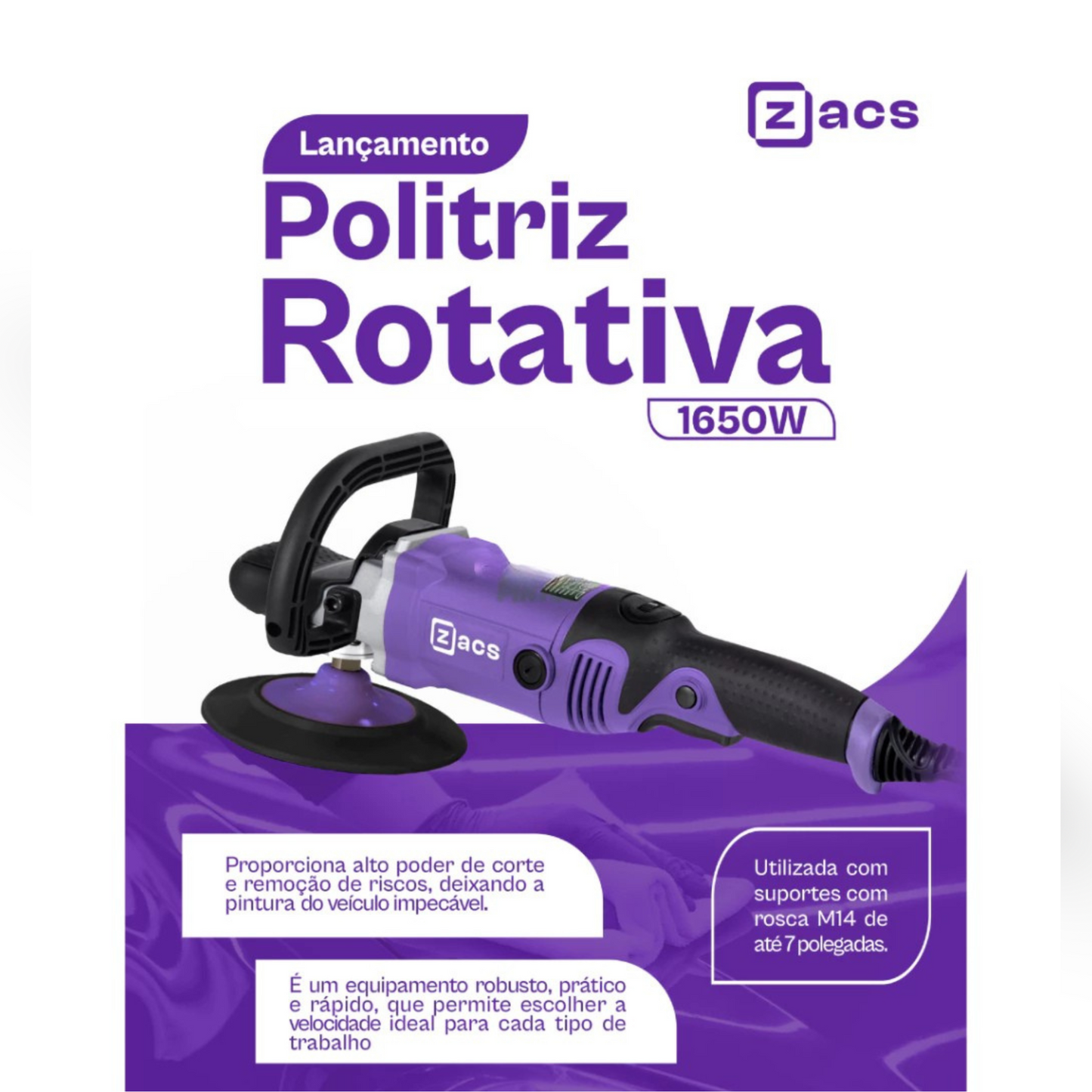 Politriz Rotativa Automotiva Profissional 6'' 15mm Zacs 220V