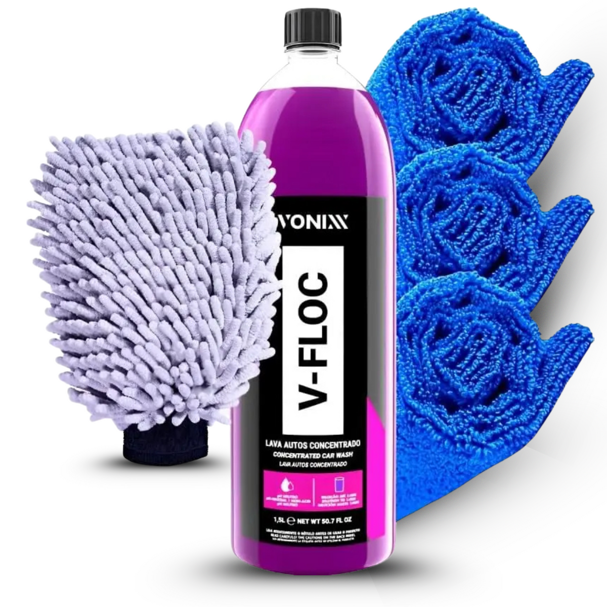 Kit Premium de Lavagem Automotiva V-Floc com Shampoo Neutro e Microfibra