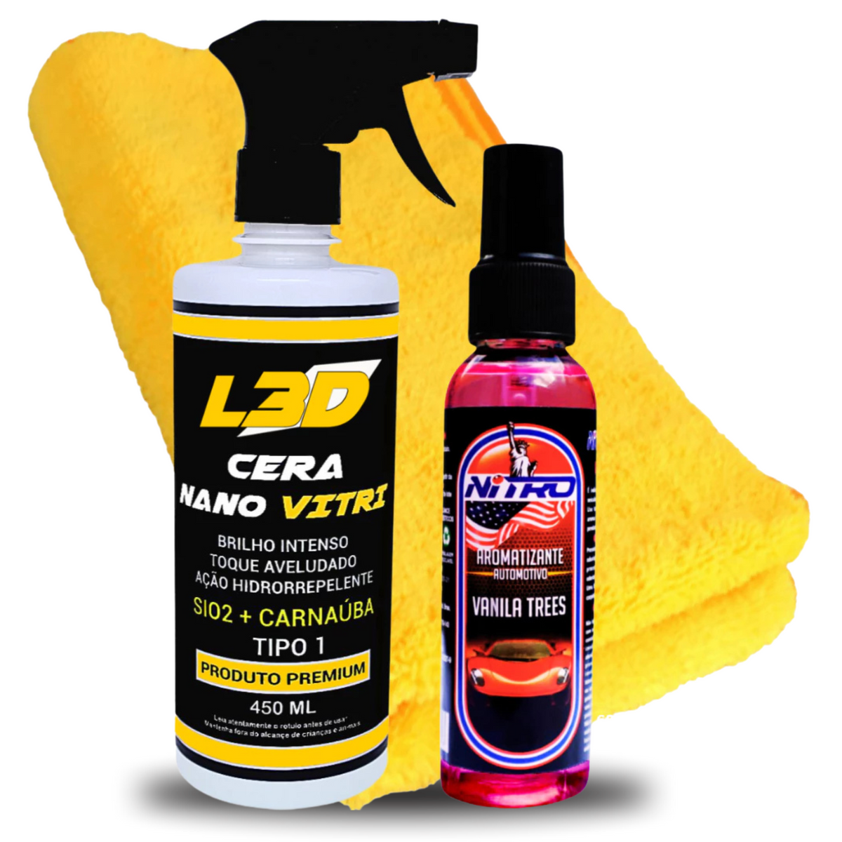 Kit Cera Automotiva L3D Com Aromatizante Spray VANILA TRESS e Flanela De Microfibra