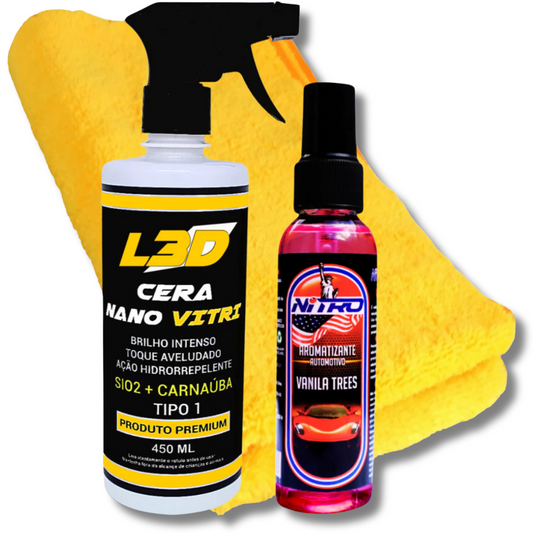 Kit Cera Automotiva L3D Com Aromatizante Spray VANILA TRESS e Flanela De Microfibra