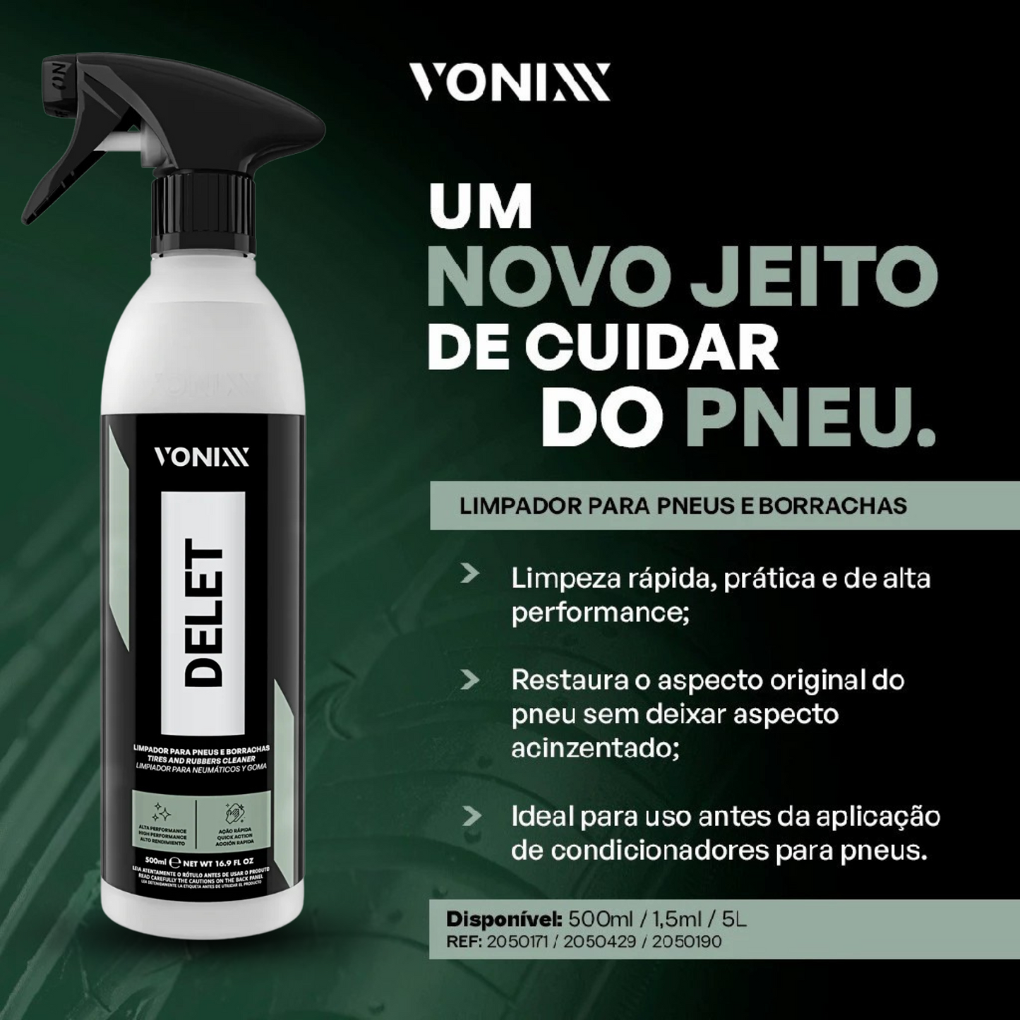 Delet Limpador Premium para Pneus e Borrachas 500ml Vonixx