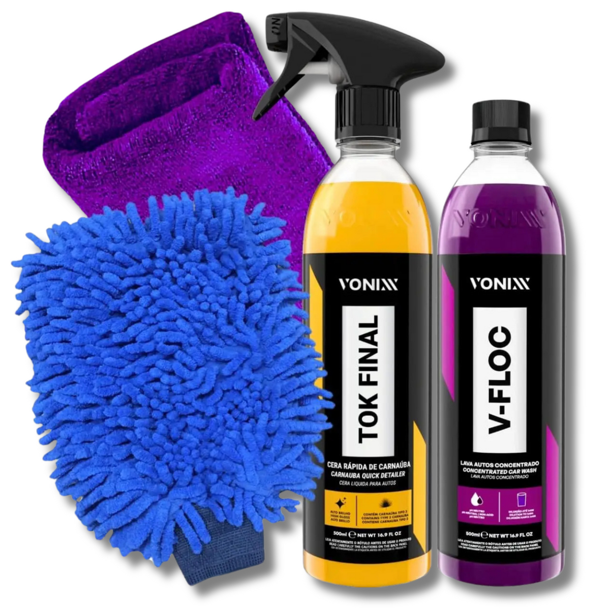 Kit Premium Vonixx: Shampoo V-Floc e Cera Tok Final com Luva Microfibra