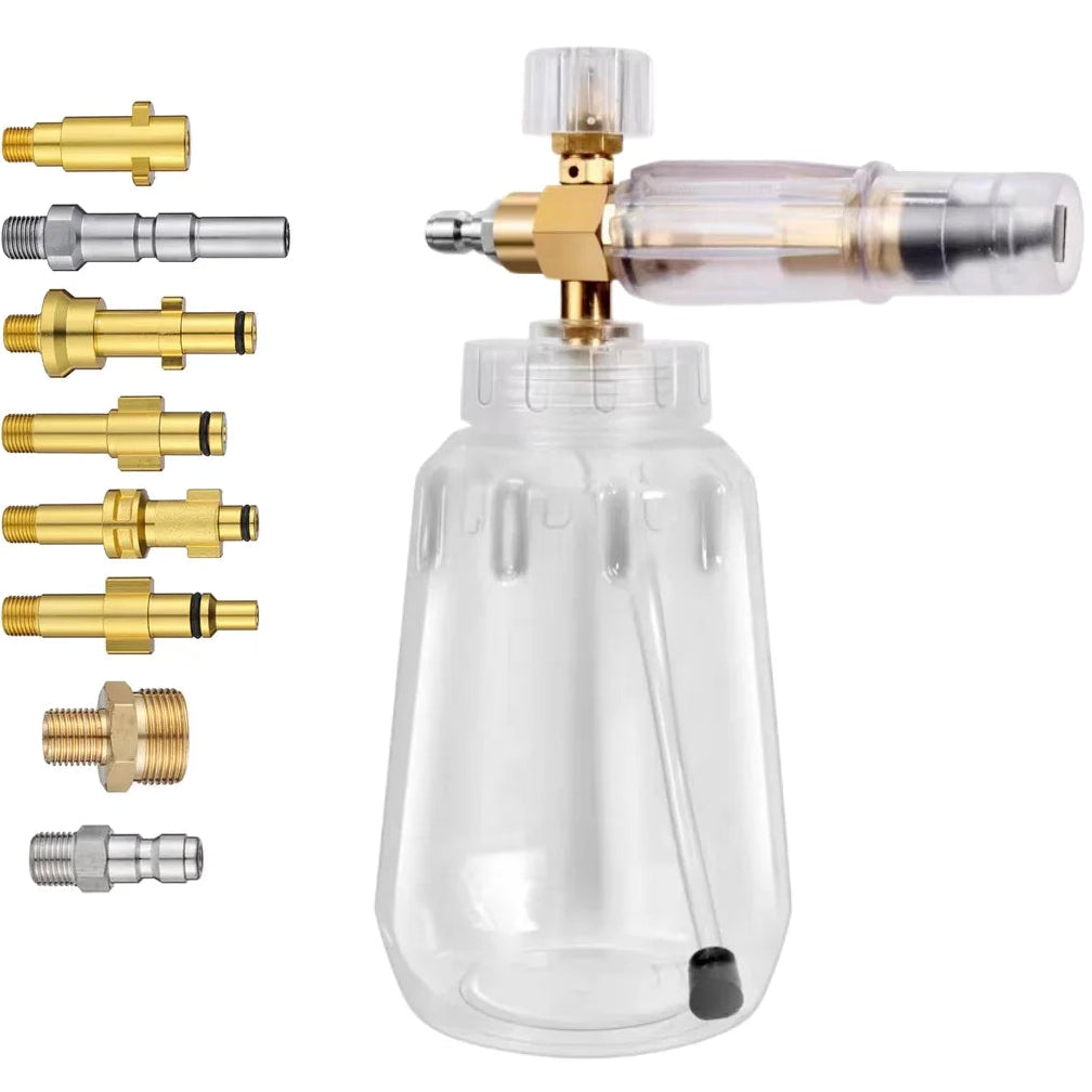 Lança de espuma totalmente transparente 1L para lavadoras de alta pressão com kits de adaptador 1/4QC para lavagem de carro Karcher/Nilfisk/Lavor/Bosch/B&D