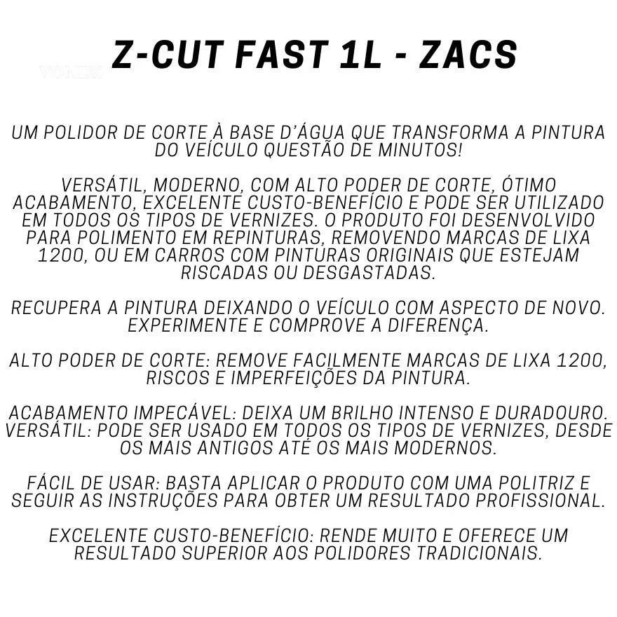 Polidor Automotivo Zacs Z Cut Fast 1L - Corte e Brilho Impecáveis