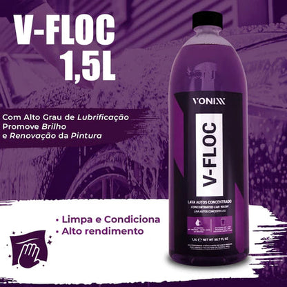 V FLOC 1,5L Vonixx Shampoo Concentrado Lava Auto Lavar Carros Motos Luva Microfibra para Diluir Shampoo Vonix