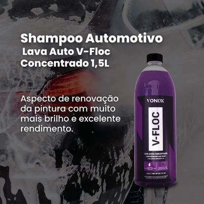V FLOC 1,5L Vonixx Shampoo Concentrado Lava Auto Lavar Carros Motos Luva Microfibra para Diluir Shampoo Vonix