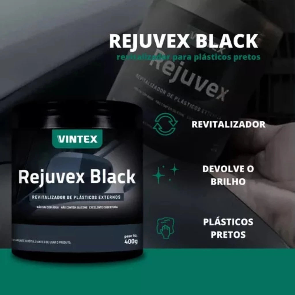 Rejuvex Black Revitalizador de Plásticos Externos - Brilho e Proteção + Aplicador de Espuma Vonixx
